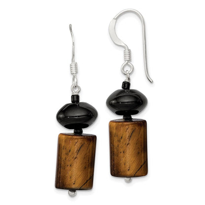 Sterling Silver Black Agate / Glass Bead Tiger'S Eye Dangle Earring