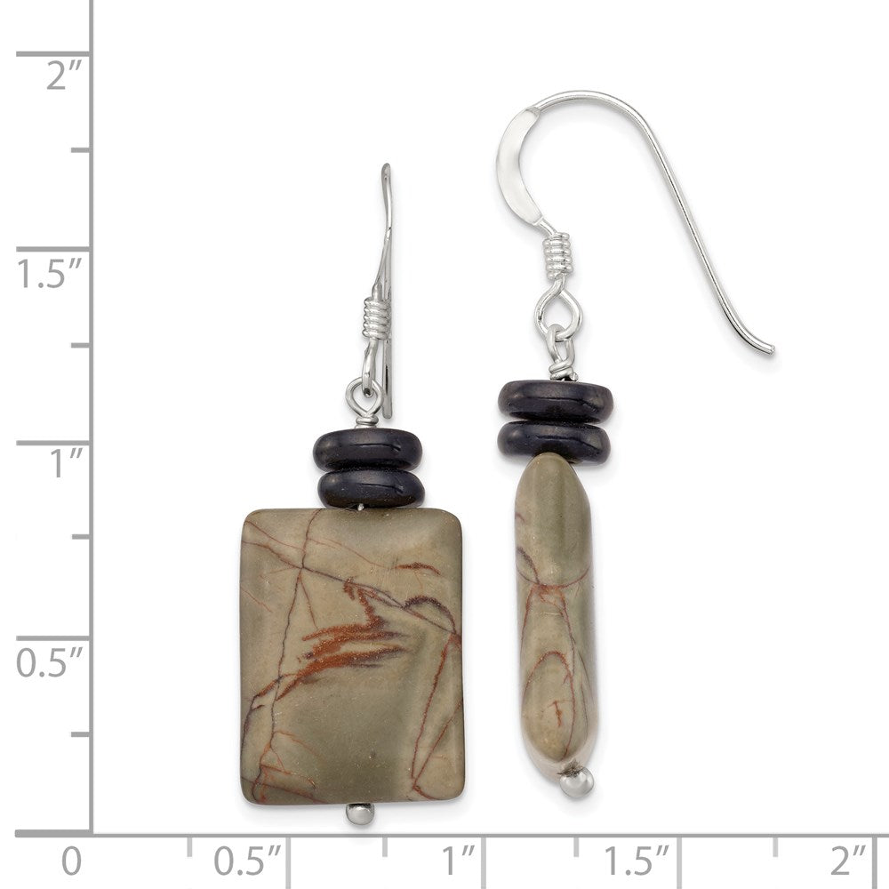 Sterling Silver Polished Black Mother Of Pearl & Picasso Jasper Dangle Earrings