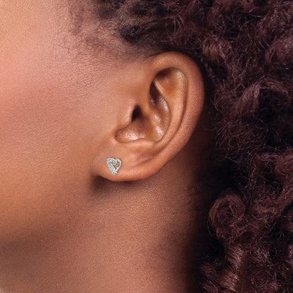 Sterling Silver Rhodium-Plated Cz Heart Post Earrings
