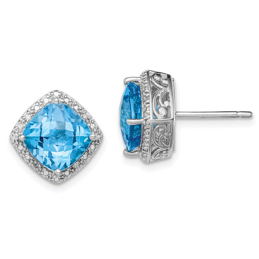 Sterling Silver Rhodium-Plated Blue Topaz And Diamond Earrings
