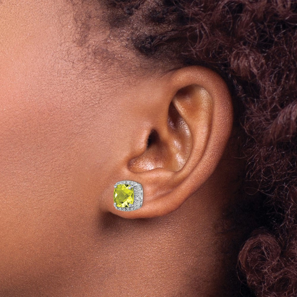 Sterling Silver Rhodium-Plated Lemon Quartz And Diamond Earrings