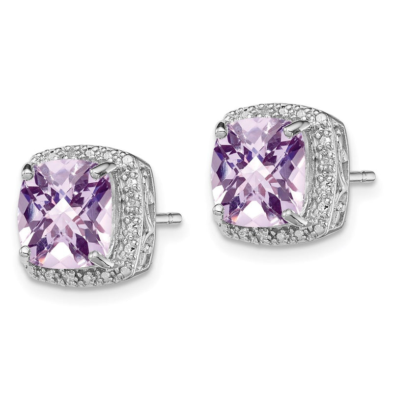 Sterling Silver Rhodium-Plated Pink Quartz And Diamond Earrings