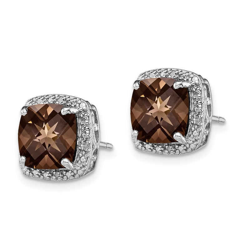 Sterling Silver Rhodium-Plated Smoky Quartz And Diamond Earrings