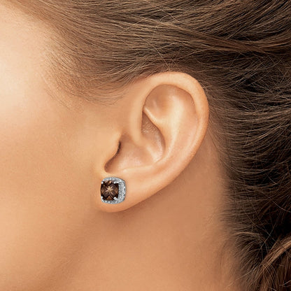 Sterling Silver Rhodium-Plated Smoky Quartz And Diamond Earrings