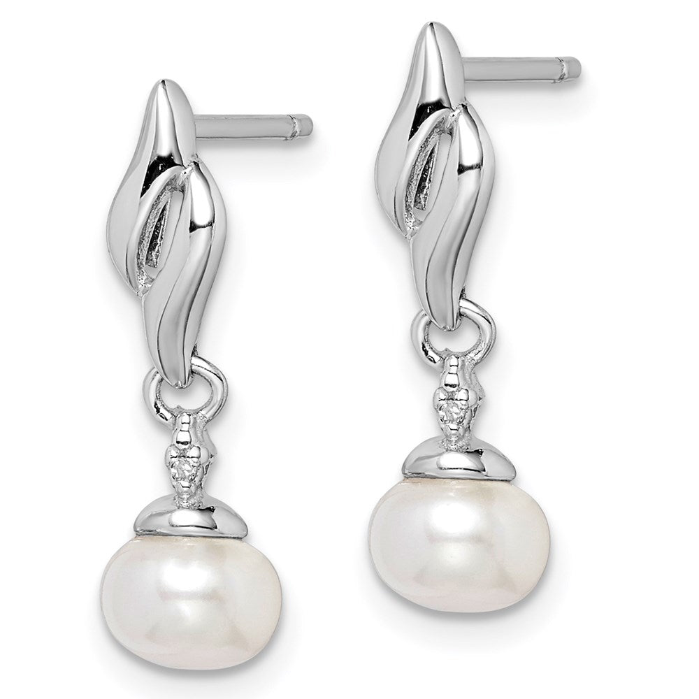 Sterling Silver Rhodium Plated Diamond & Fw Cultured Pearl Post Ear
