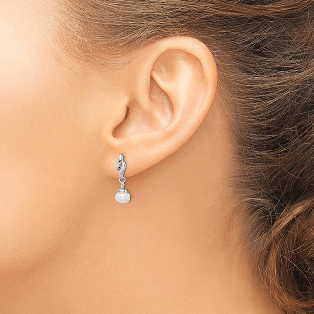 Sterling Silver Rhodium Plated Diamond & Fw Cultured Pearl Post Ear