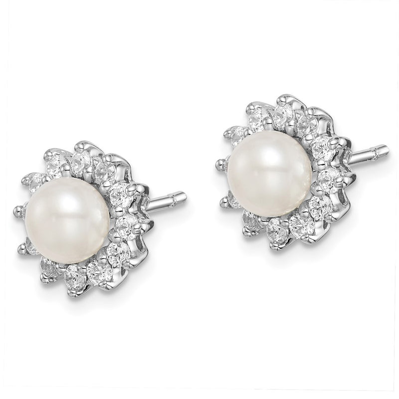Sterling Silver Rhodium Plated Cz And Fw Cultured Pearl Post Ear