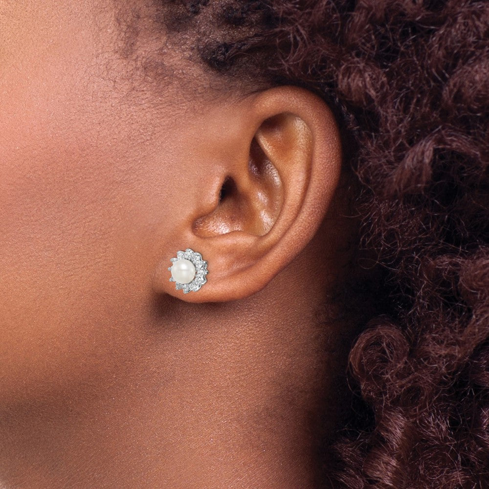 Sterling Silver Rhodium Plated Cz And Fw Cultured Pearl Post Ear