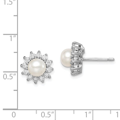Sterling Silver Rhodium Plated Cz And Fw Cultured Pearl Post Ear