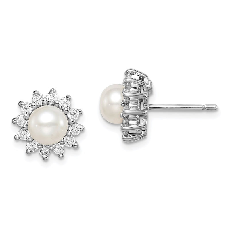 Sterling Silver Rhodium Plated Cz And Fw Cultured Pearl Post Ear