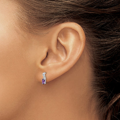 Sterling Silver Rhodium Plated Diamond And Amethyst Oval Post Earrings