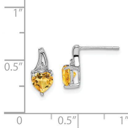 Sterling Silver Rhodium Plated Diamond And Citrine Heart Post Earrings