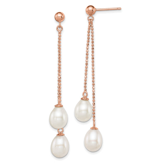 Sterling Silver Rose-Tone 7-8mm White Teardrop Fwc Pearl Dangle Earrings