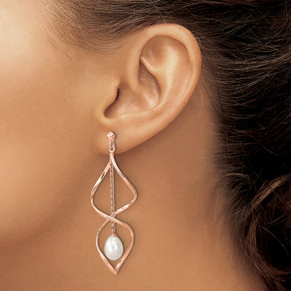 Sterling Silver Rose-Tone 7-8mm White Teardrop Fwc Pearl Earrings
