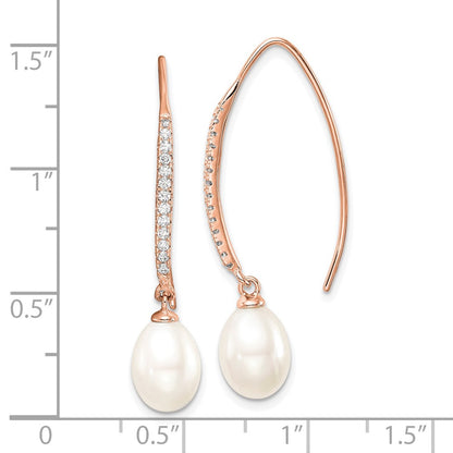 Sterling Silver Rose-Tone Polished White 7-8mm Freshwater Cultured Pearl & Cz Threader Earrings