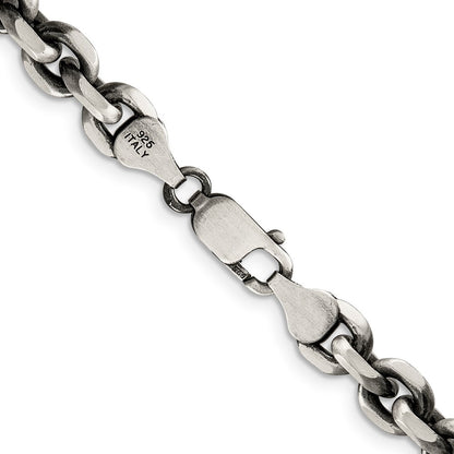 24 Inch Sterling Silver Antiqued 7.0mm D/C Elongated Open Link Chain Necklace