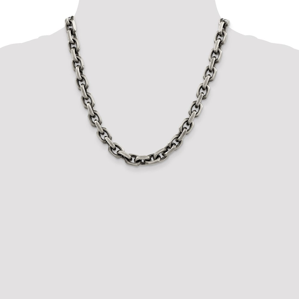 20 Inch Sterling Silver Antiqued 8.6mm D/C Elongated Open Link Chain Necklace
