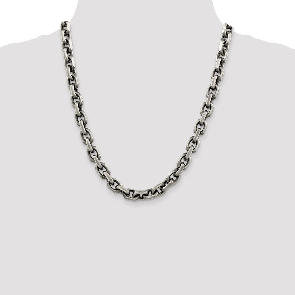 22 Inch Sterling Silver Antiqued 8.6mm D/C Elongated Open Link Chain Necklace
