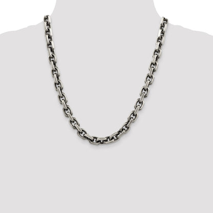 22 Inch Sterling Silver Antiqued 8.6mm D/C Elongated Open Link Chain Necklace