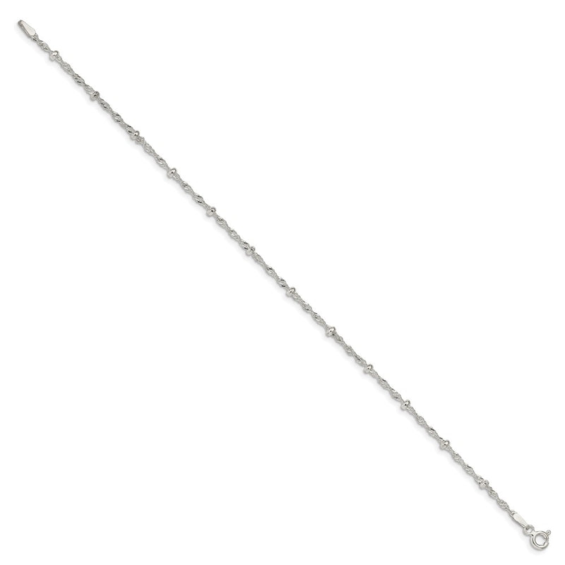 9 Inch Sterling Silver 2.5mm Singapore W/ Beads Chain Anklet