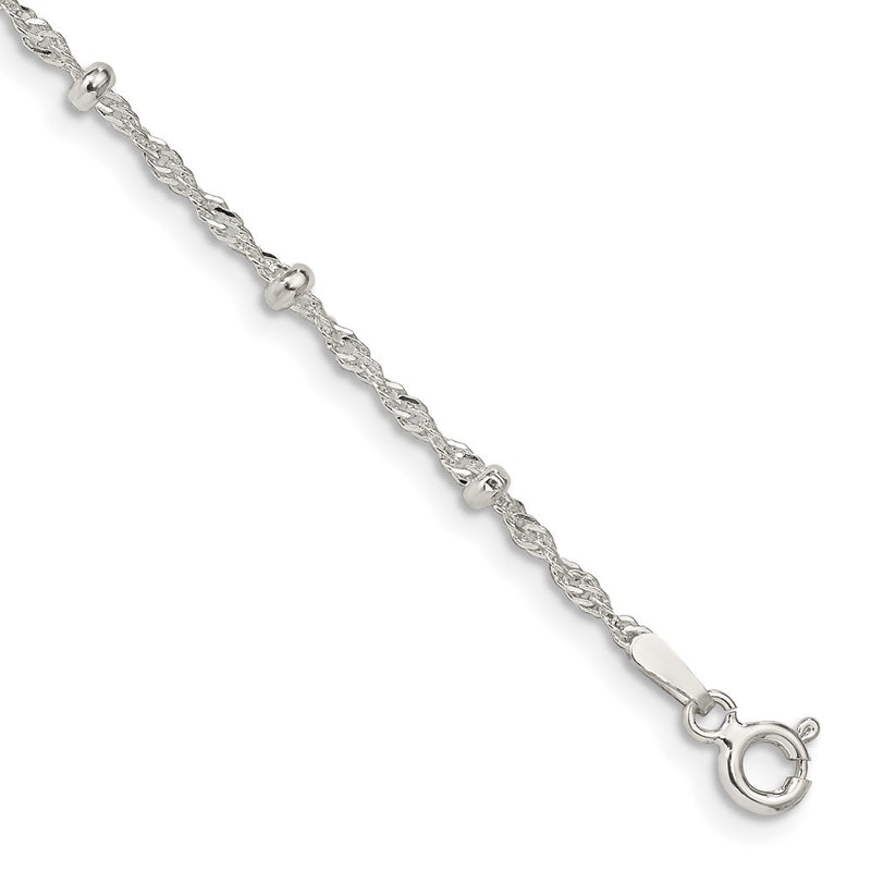 10 Inch Sterling Silver 2.5mm Singapore W/ Beads Chain Anklet