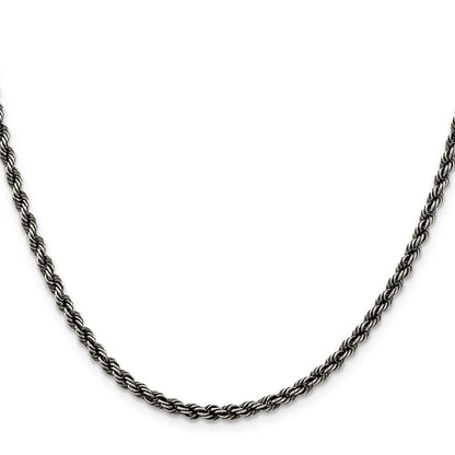 22 Inch Sterling Silver Ruthenium-Plated 3.4mm Rope Chain Necklace