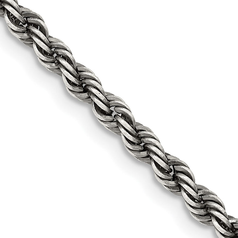 20 Inch Sterling Silver Ruthenium-Plated 3.4mm Rope Chain Necklace