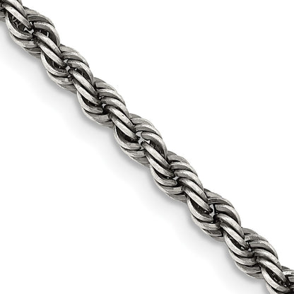 26 Inch Sterling Silver Ruthenium-Plated 3.4mm Rope Chain Necklace