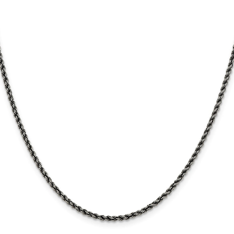 22 Inch Sterling Silver Ruthenium-Plated 2.3mm Rope Chain Necklace