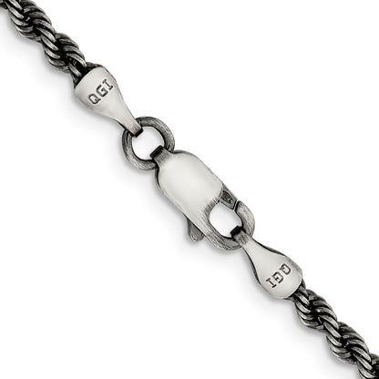 26 Inch Sterling Silver Ruthenium-Plated 2.9mm Rope Chain Necklace
