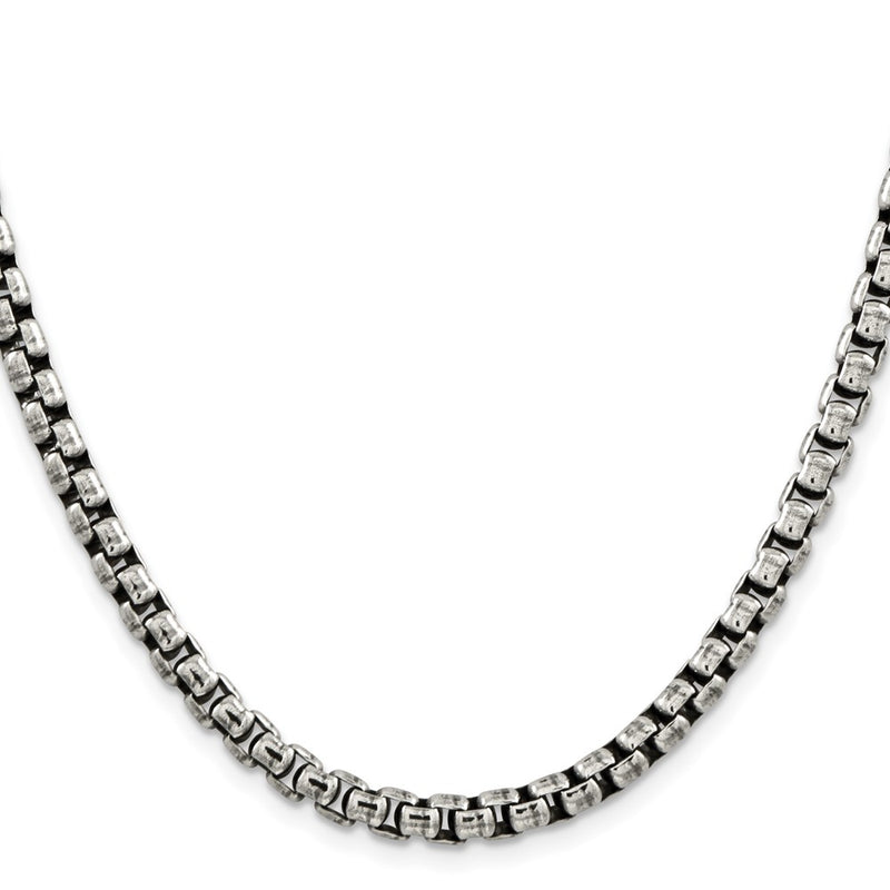 24 Inch Sterling Silver Antiqued 5.2mm Round Box Chain Necklace