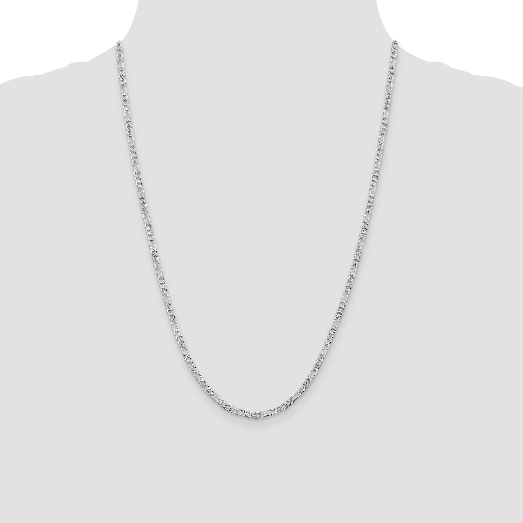 24 Inch Sterling Silver 3mm Pav Flat Figaro Chain