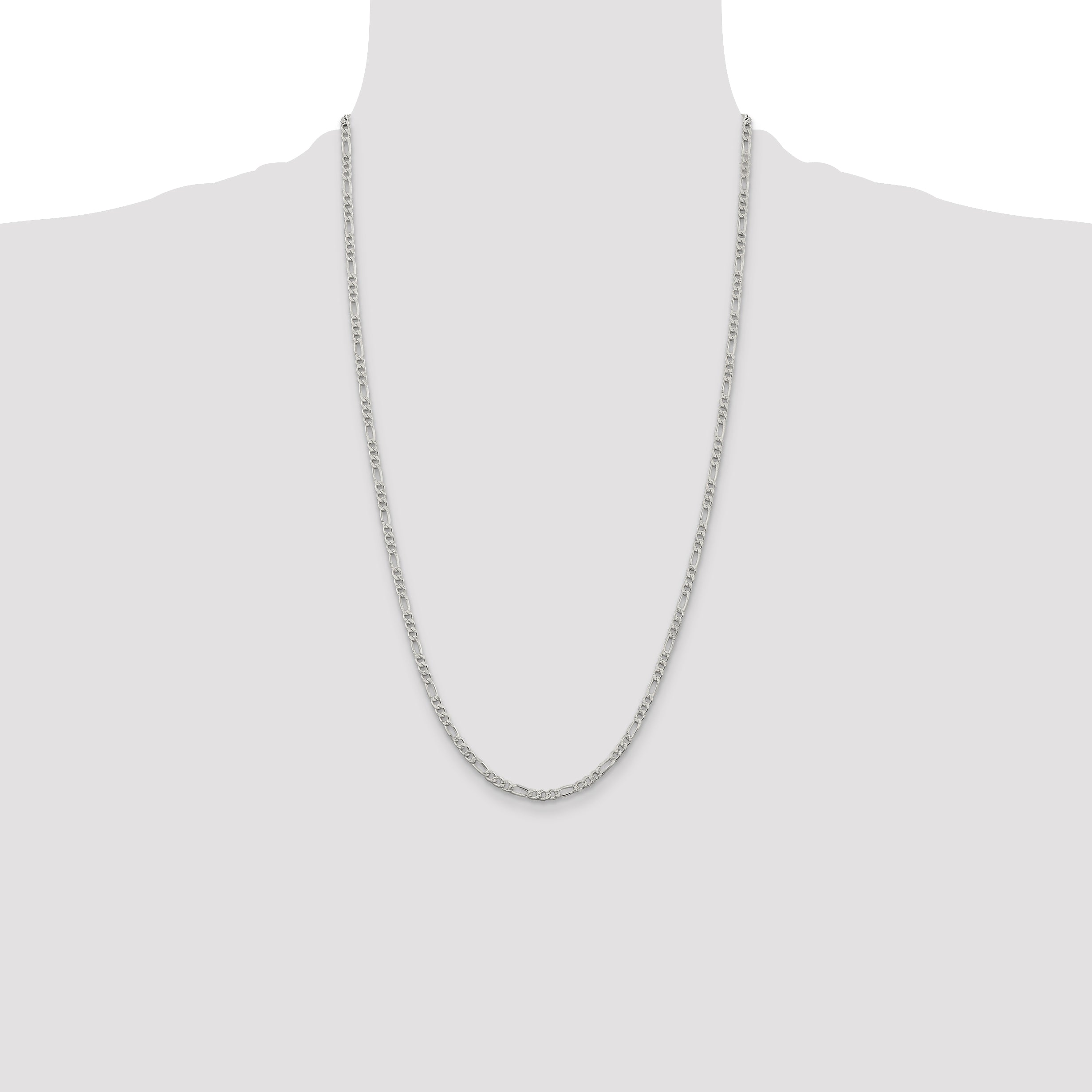 26 Inch Sterling Silver 3mm Pav Flat Figaro Chain