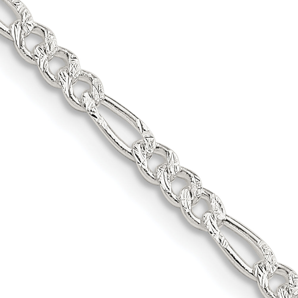 26 Inch Sterling Silver 3mm Pav Flat Figaro Chain