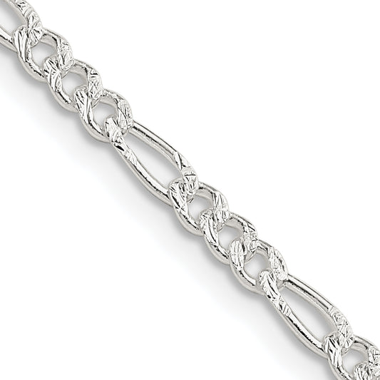 26 Inch Sterling Silver 3mm Pav Flat Figaro Chain