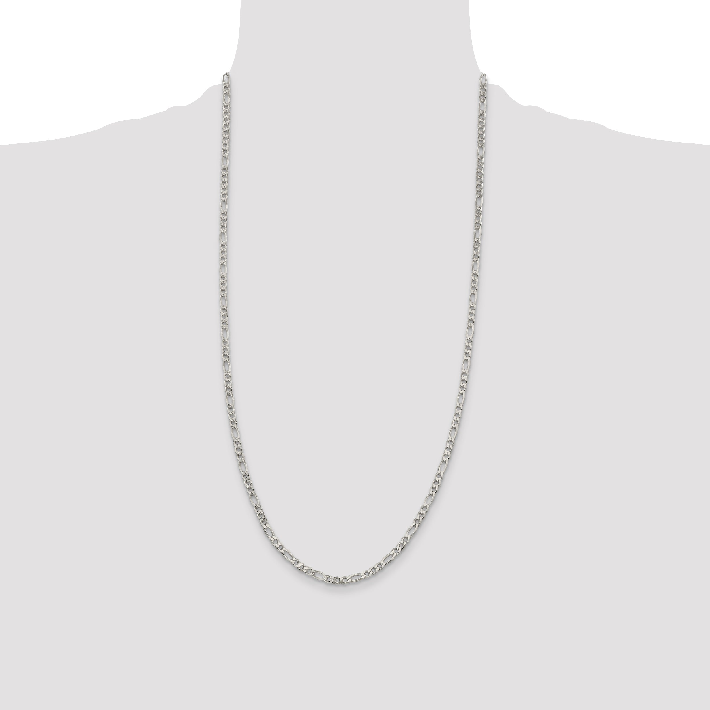 28 Inch Sterling Silver 4mm Pave Flat Figaro Chain