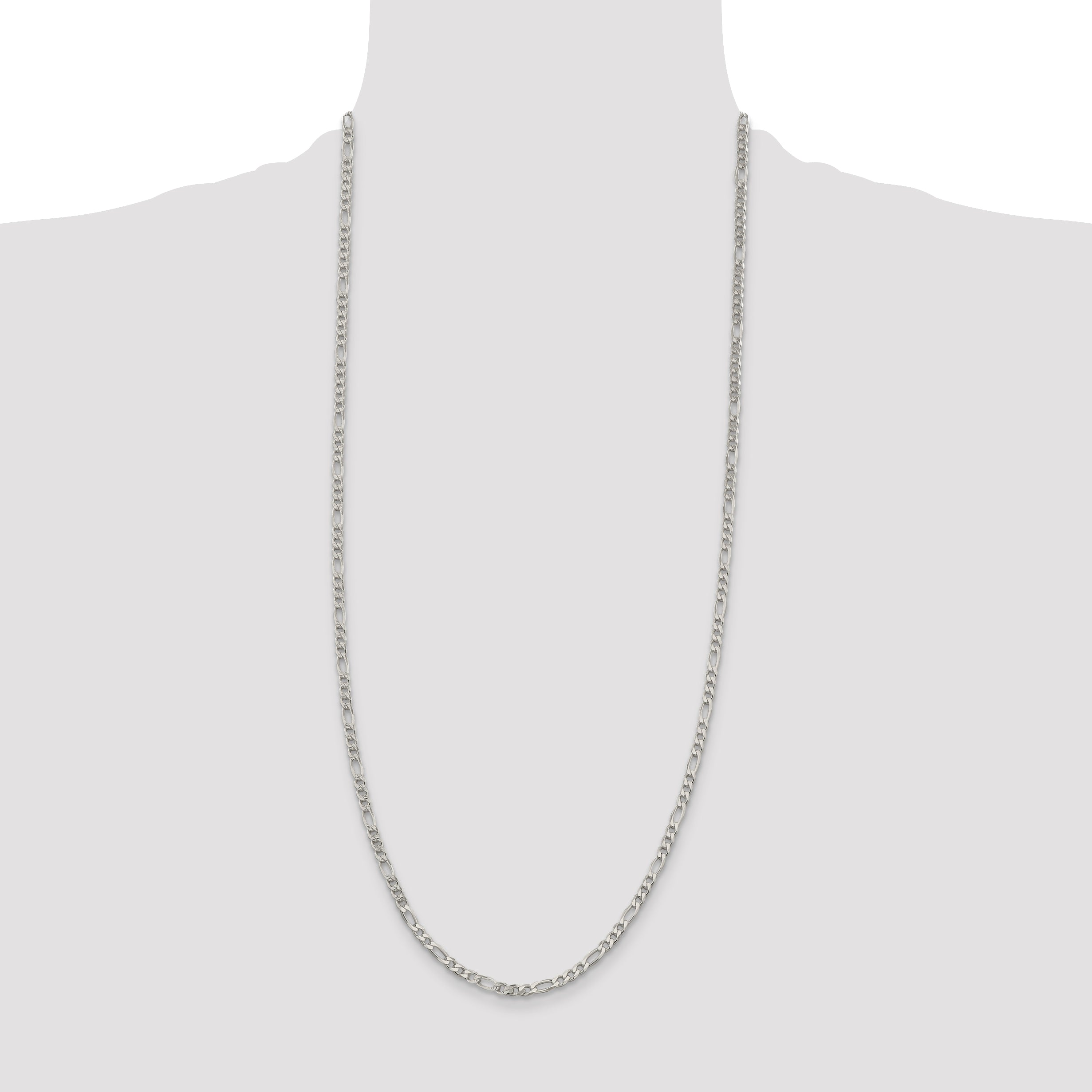 30 Inch Sterling Silver 4mm Pave Flat Figaro Chain