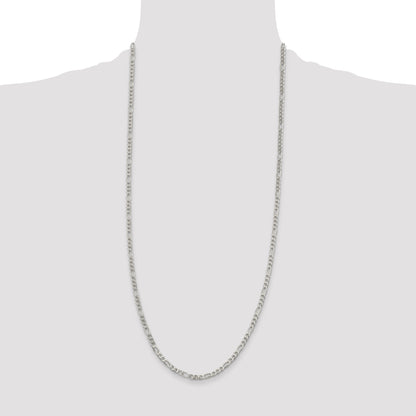 30 Inch Sterling Silver 4mm Pave Flat Figaro Chain