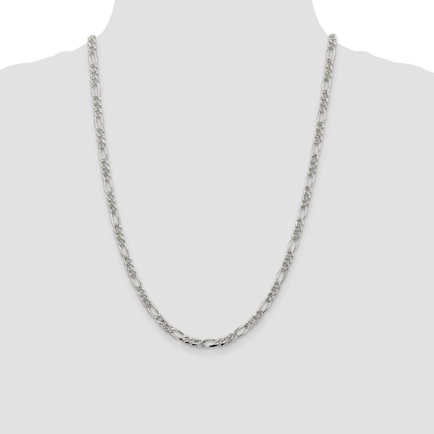 24 Inch Sterling Silver 4.3mm Pav Flat Figaro Chain