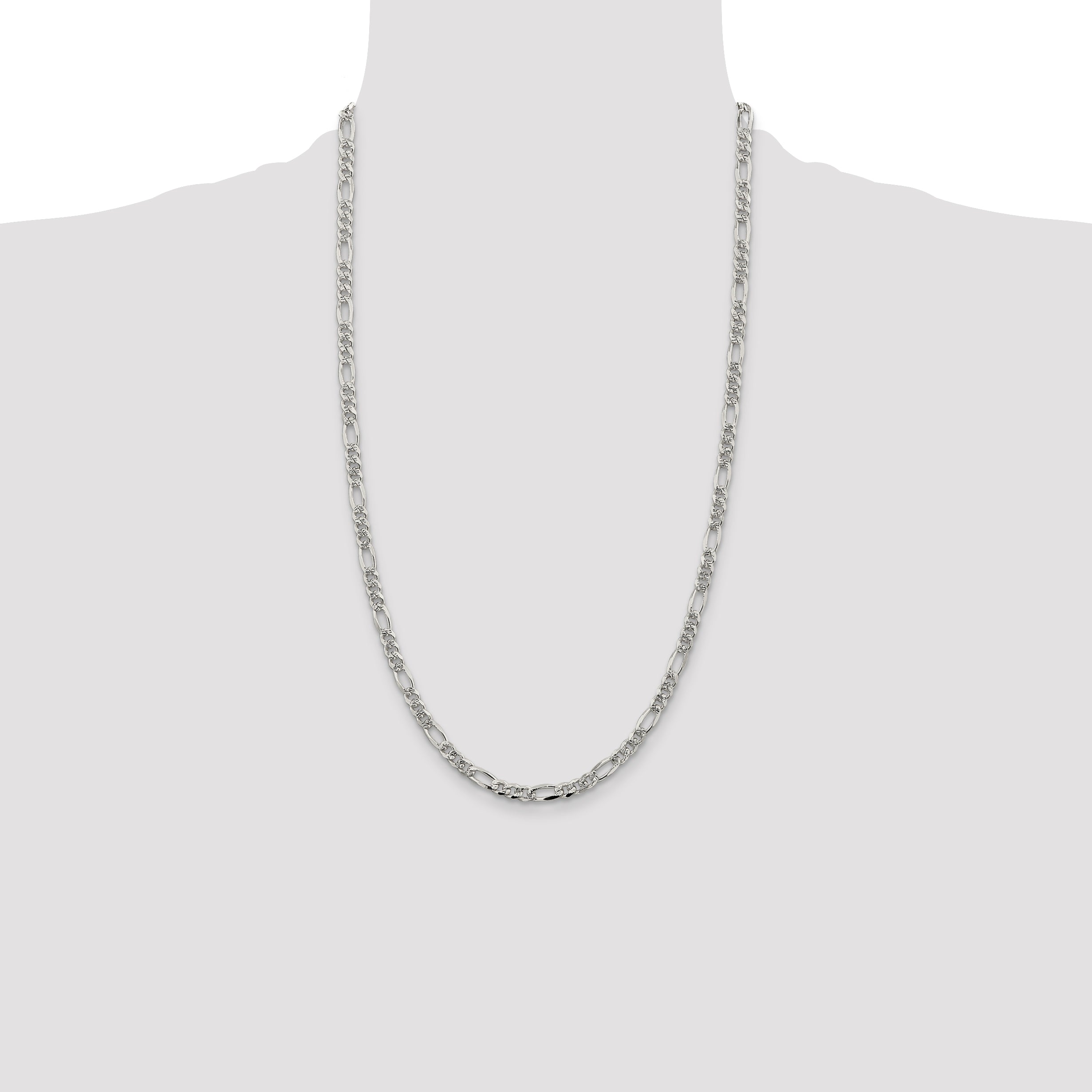26 Inch Sterling Silver 4.3mm Pav Flat Figaro Chain