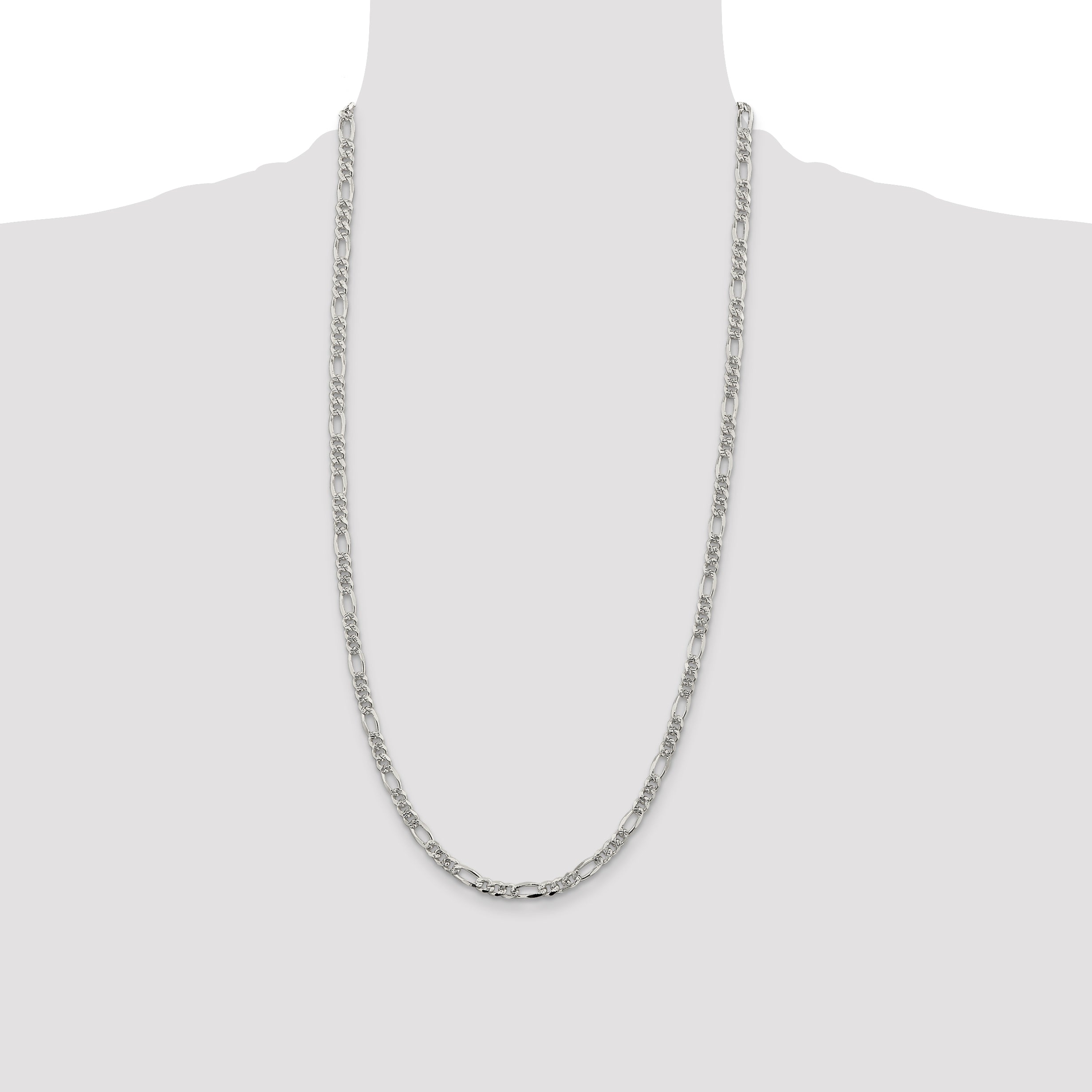 28 Inch Sterling Silver 4.3mm Pav Flat Figaro Chain