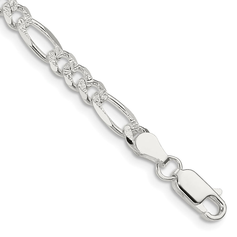 Sterling Silver 4.3mm Pav Flat Figaro Chain Bracelet