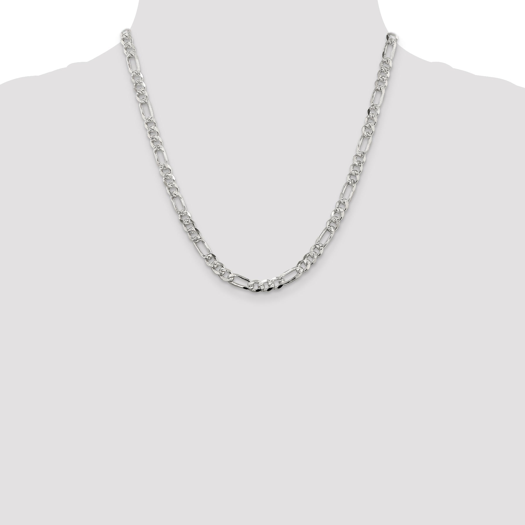 20 Inch Sterling Silver 5.5mm Pav Flat Figaro Chain