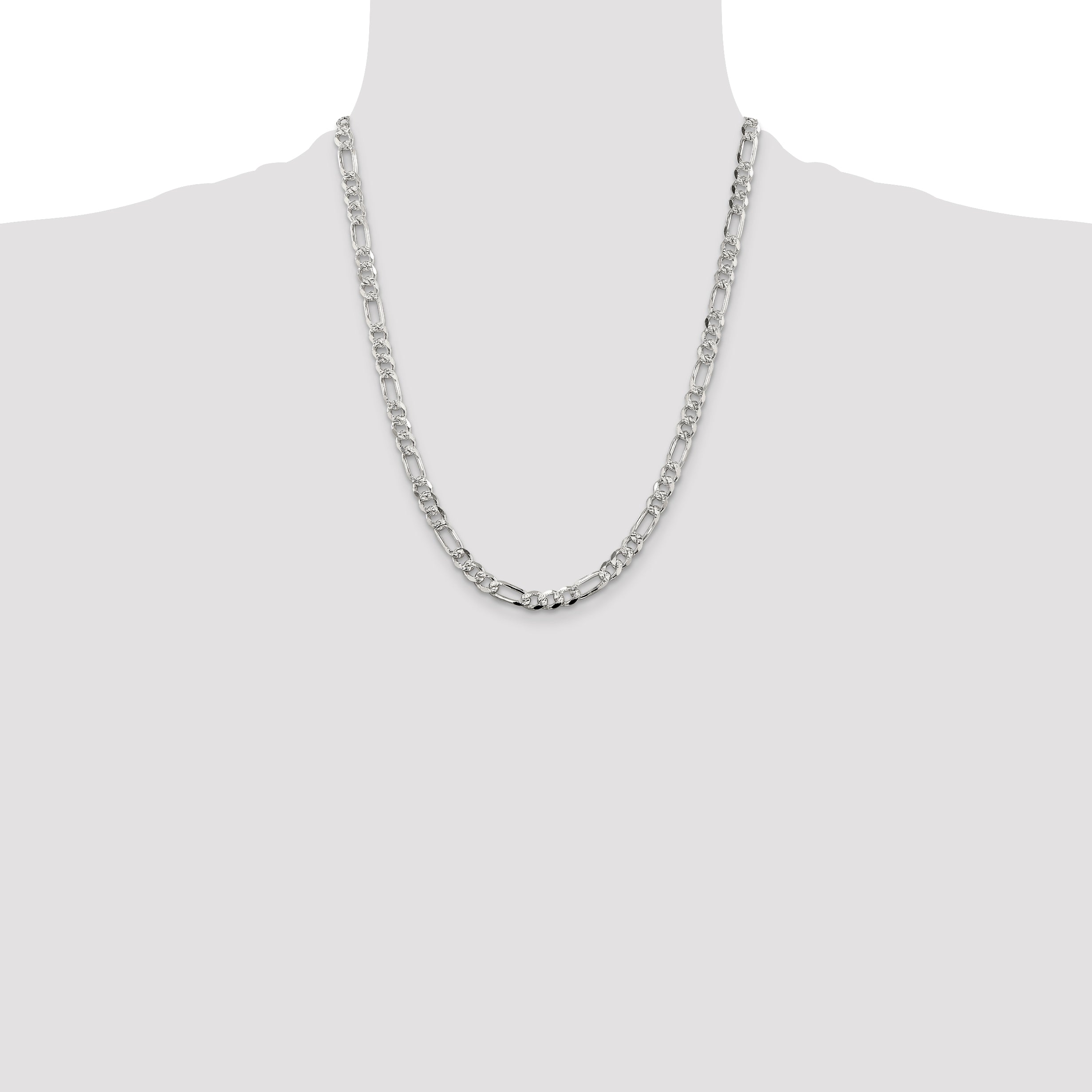 22 Inch Sterling Silver 5.5mm Pav Flat Figaro Chain
