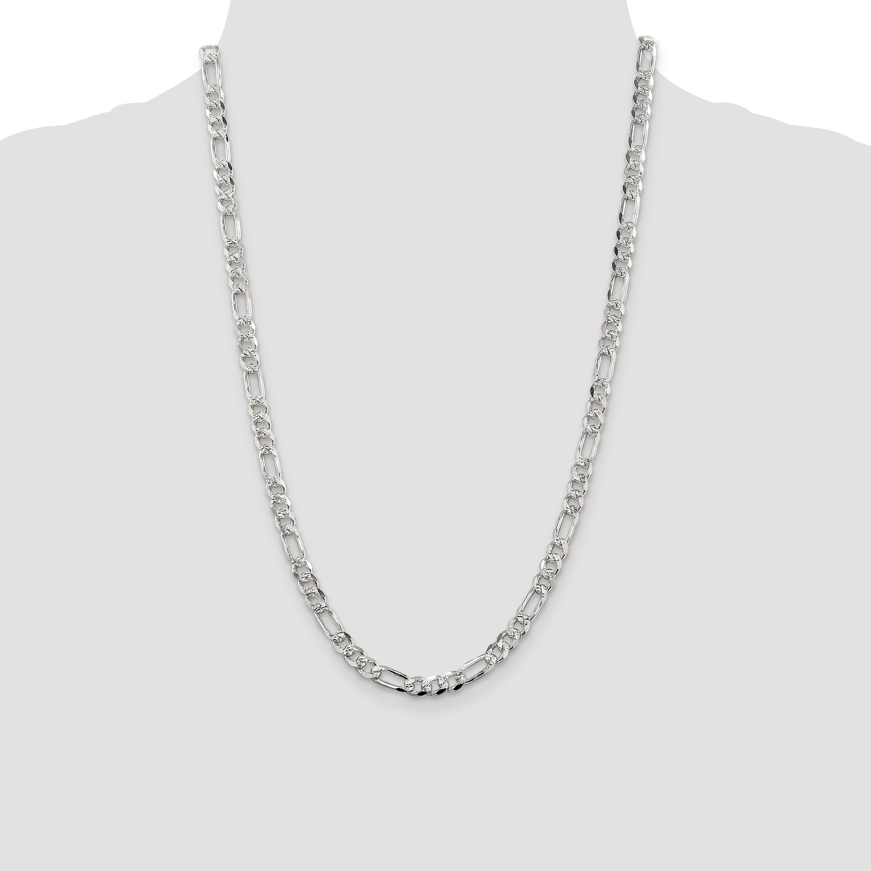 24 Inch Sterling Silver 5.5mm Pav Flat Figaro Chain