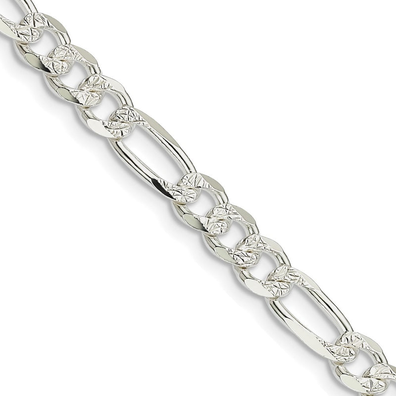 30 Inch Sterling Silver 5.5mm Pav Flat Figaro Chain