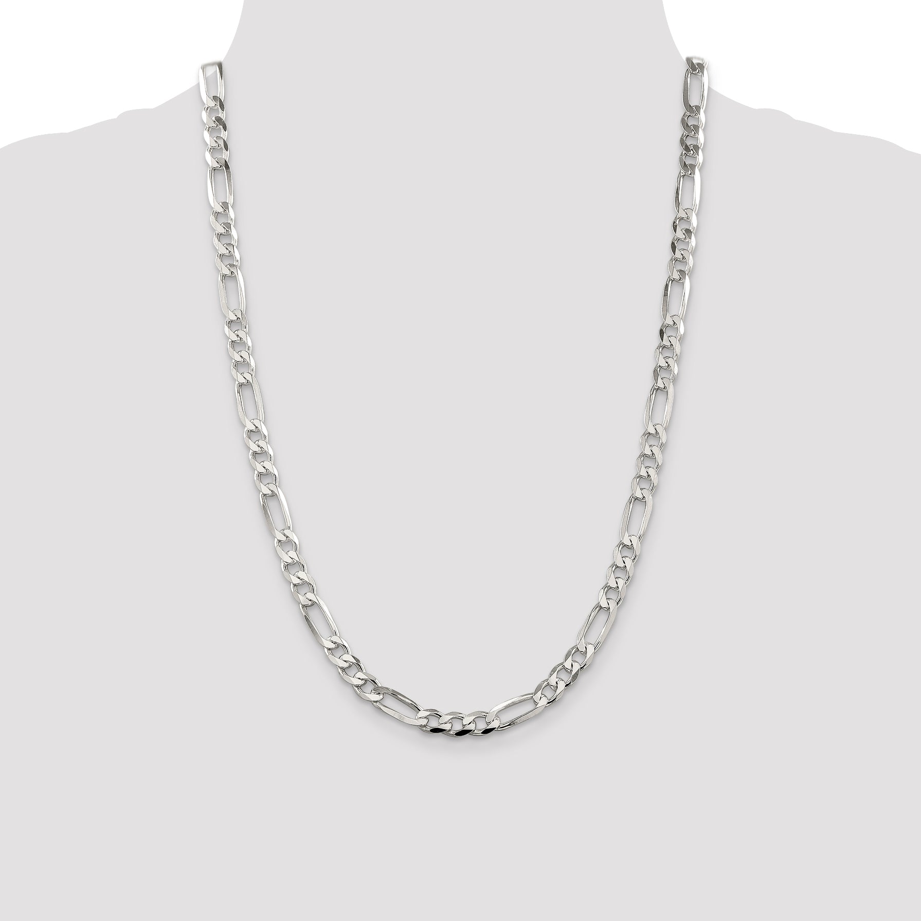 24 Inch Sterling Silver 6.75mm Pav Flat Figaro Chain