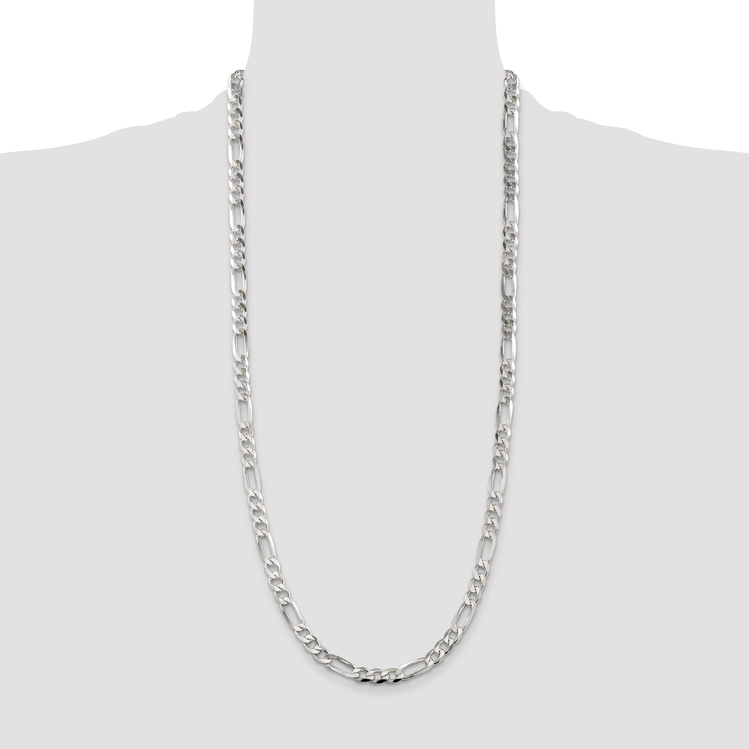 30 Inch Sterling Silver 6.75mm Pav Flat Figaro Chain