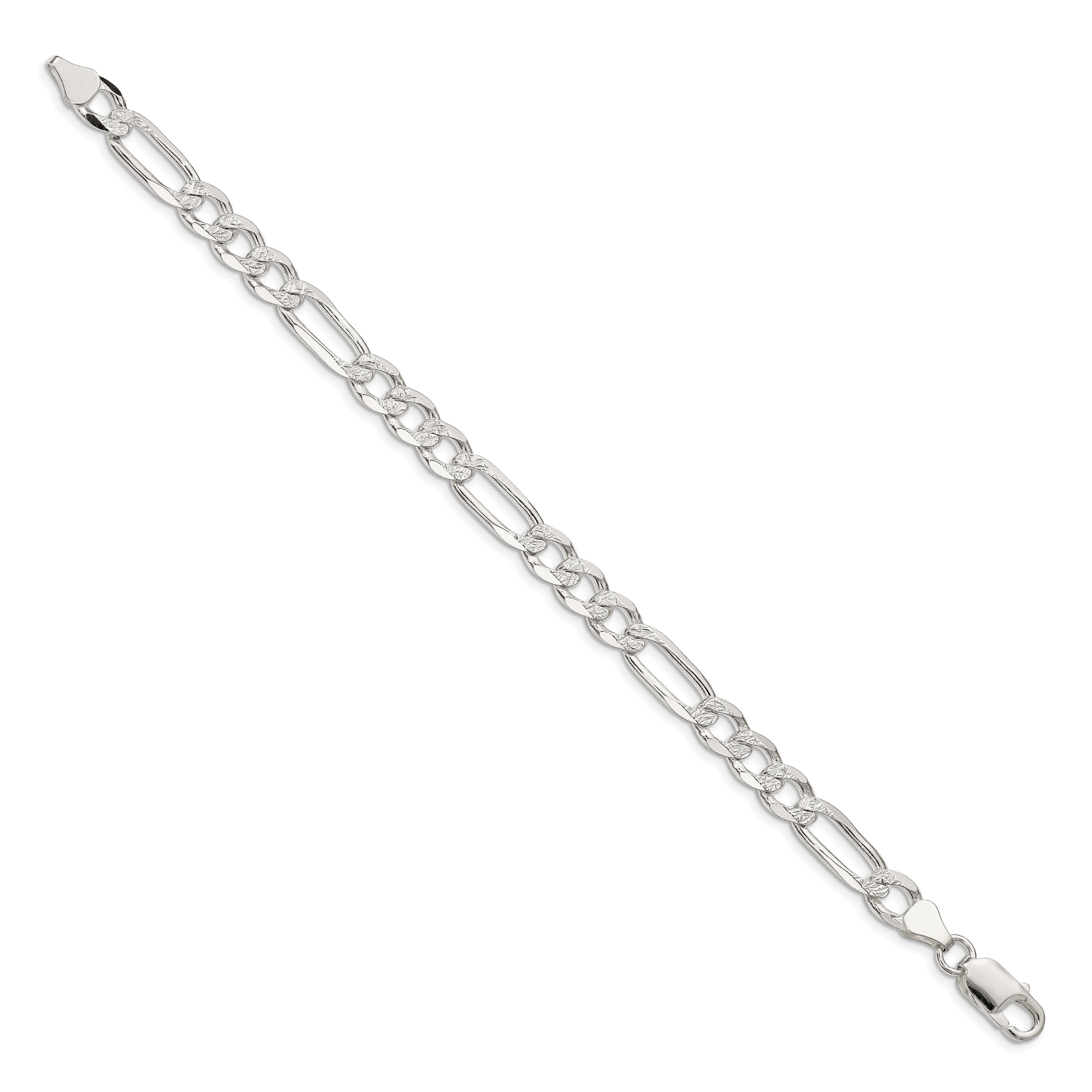 8 Inch Sterling Silver 6.75mm Pav Flat Figaro Chain
