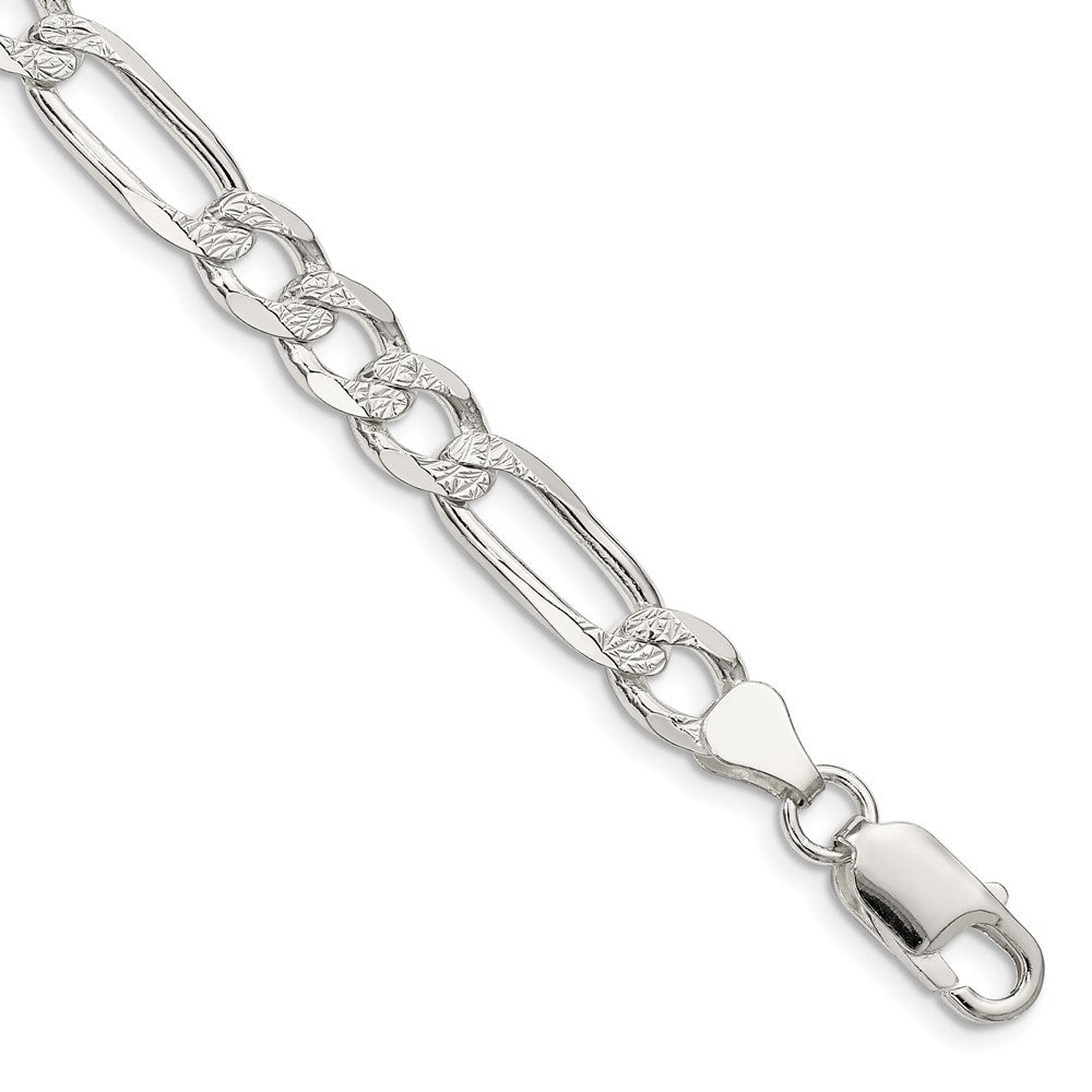 Sterling Silver 6.75mm Pav Flat Figaro Chain Bracelet